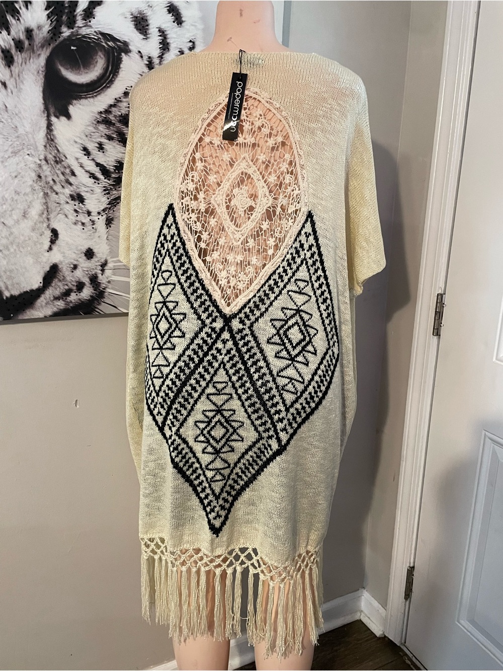 Papermoon Boho Style geo knit kimono cover lace back Aztec contrast fringe hem